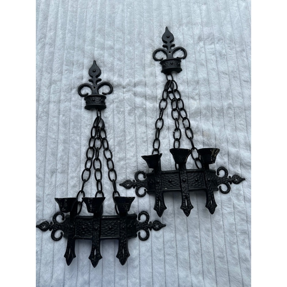 Vintage Sexton 1967 Black Cast Metal Gothic Wall Sconce Candle Holders Pair 18"